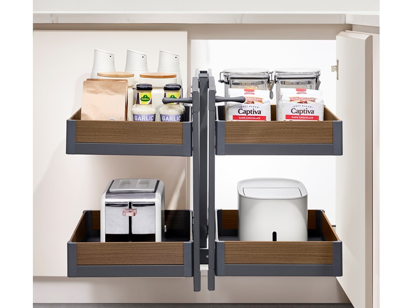 Organizador cuadrado de esquina magic corner de 2 pisos, cierre lento, que sale con la puerta, apertura total marca Trebol - ACF027 - 25-19/32 x 18-29/32 x 22-1/16 in