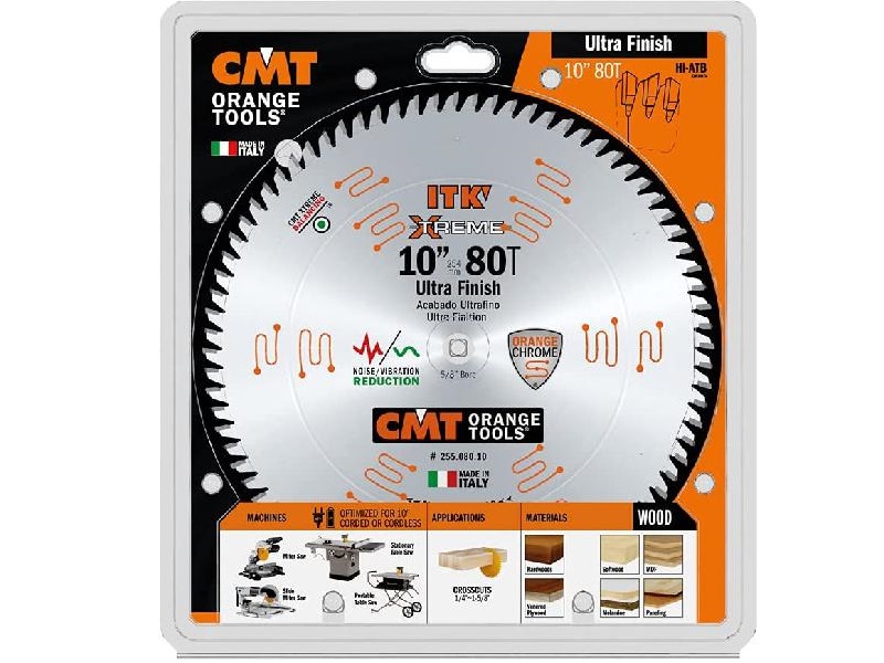 CMT 255.080.10 ITK Industrial Fine Finish Saw Blade, 10-Inch x 80 Teeth 40° ATB Grind with 5/8-Inch Bore
