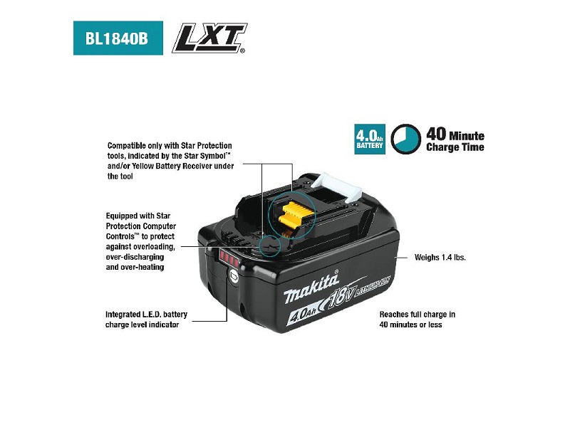 Router Inalámbrico Compact LXT® Litio?Ion de 18V sin Escobillas, Batería y Cargador Óptimo Rápido LXT® Litio?Ion de 18V (4.0Ah) Makita - BL1840BDC2+XTR01Z