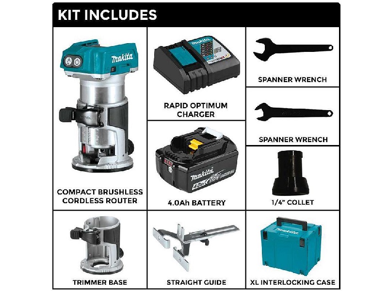 Juego Inicial de Router Compacto Inalámbrico LXT® Litio-Ion de 18V sin Escobillas (4.0Ah) Makita - XTR01M8J