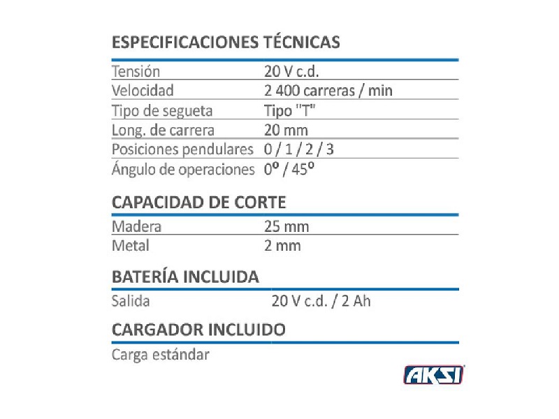 Sierra caladora inalámbrica 20V - 2 Ah línea Switch AKSI + batería + cargador - 196071