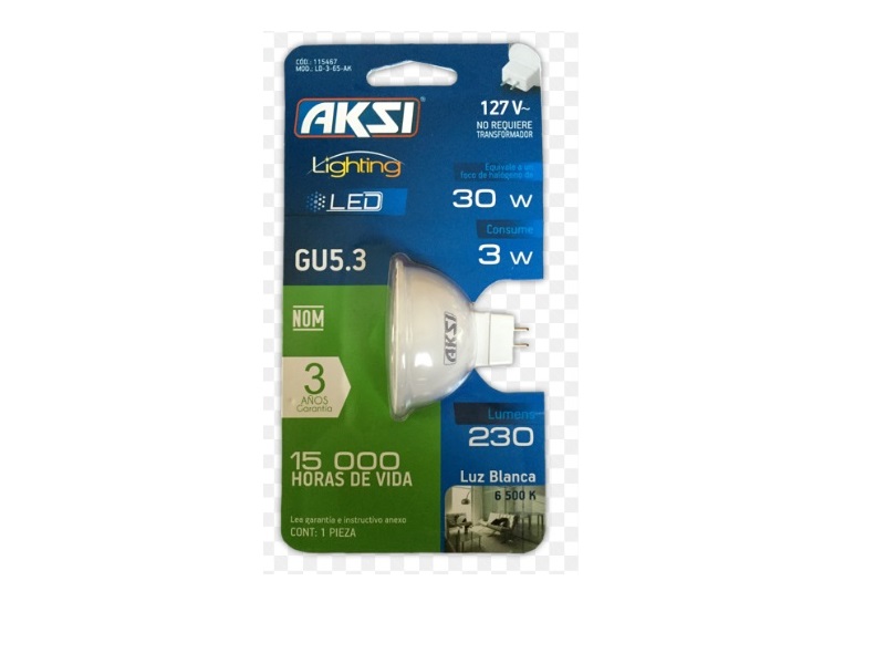 Bombilla LED para spotlight MR16, 3W, GU5.3, 127V, luz blanca marca AKSI - 121003 - 115467